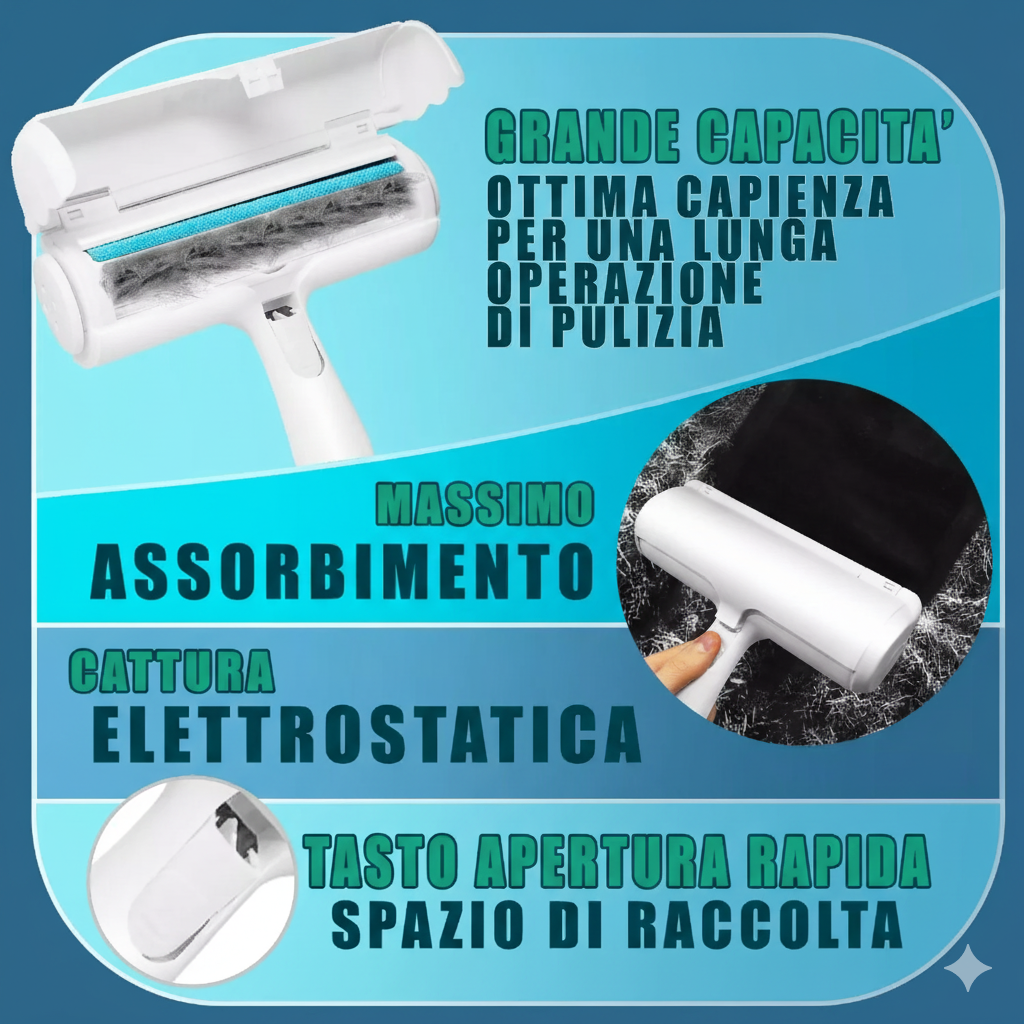 Rullo Rimuovi Pelo 2 in 1 Riutilizzabile – Spazzola Manuale con Vano Raccolta per Peli di Cani e Gatti