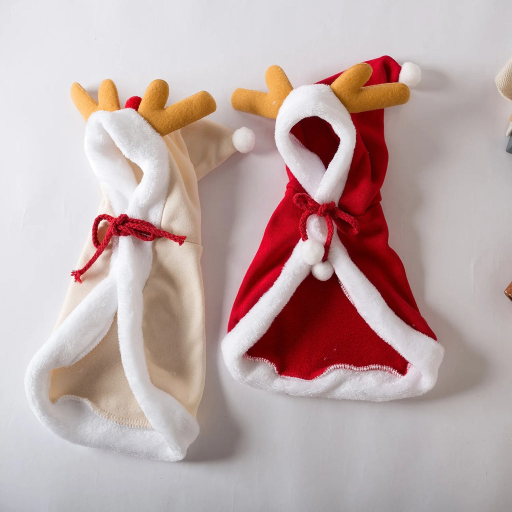 Mantello di Natale da Renna per Cani e Gatti – Vestito Natalizio Caldo con Cappuccio e Corna di Cervo